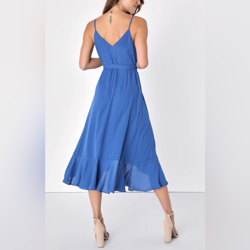 Lulus Manhattan Moment Ruffled Midi Wrap Dress Size S Blue Straps Sleeveless nwt - Picture 2 of 14